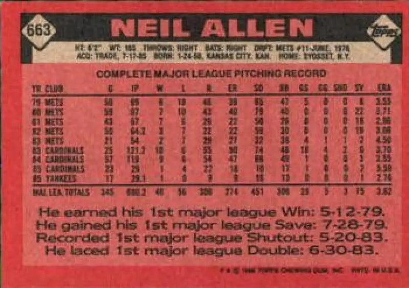 1986 Topps #663 Neil Allen EX Excellent New York Yankees Baseball Card - Baseball Card Single