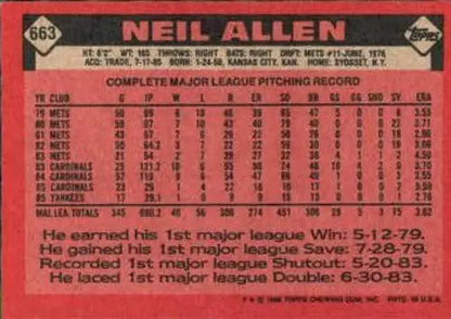 Neil Allen baseball card back with original gloss from 1986 Topps NM-MT Yankees