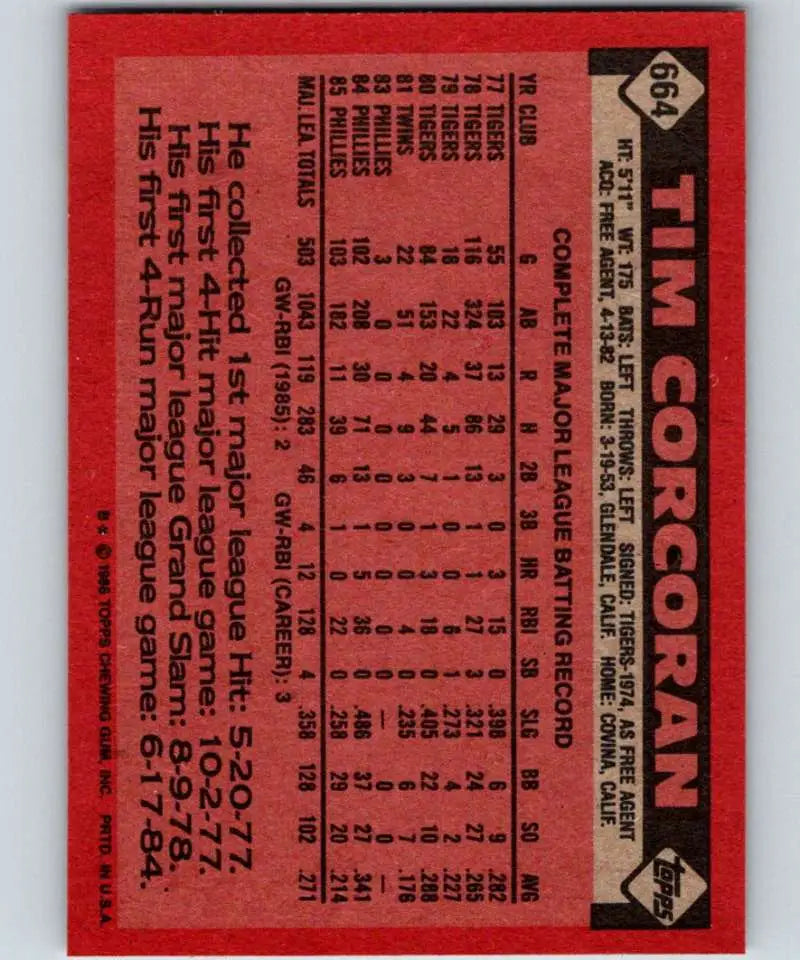1986 Topps #664 Tim Corcoran EX Excellent Philadelphia Phillies Baseball Card - Baseball Card Single