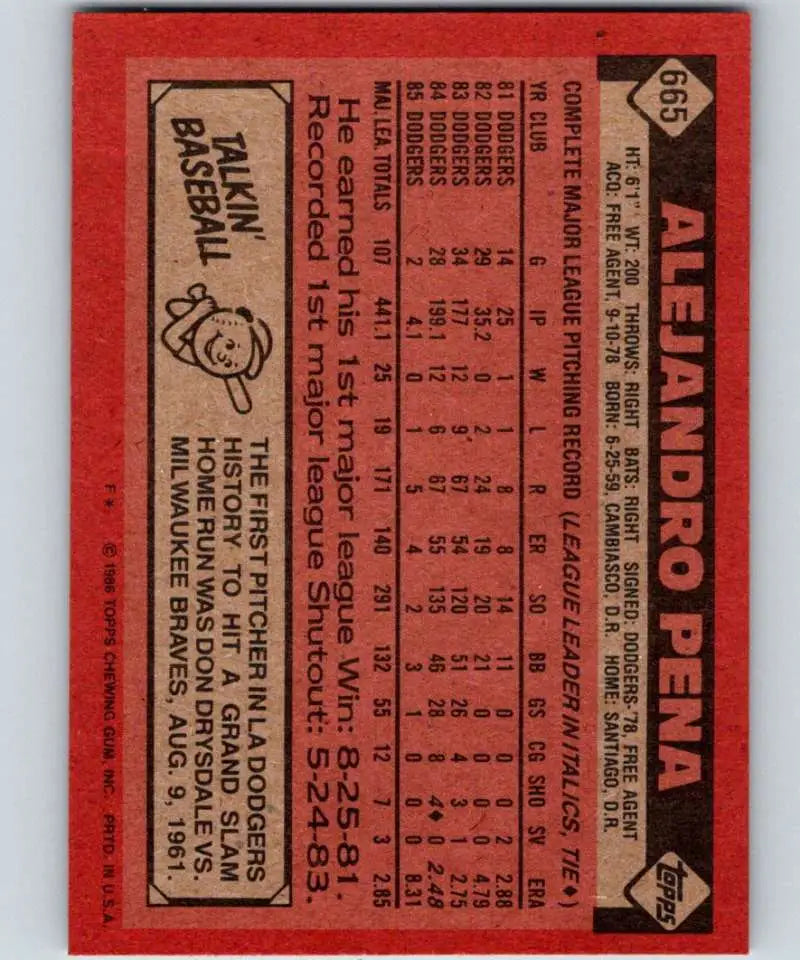 1986 Topps #665 Alejandro Pena EX Excellent Los Angeles Dodgers Baseball Card - Baseball Card Single