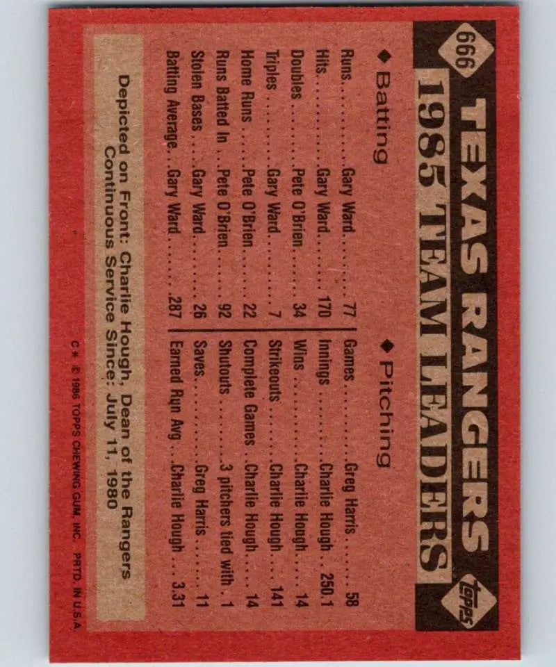 1986 Topps #666 Charlie Hough EX Excellent Texas Rangers Baseball Card - Baseball Card Single