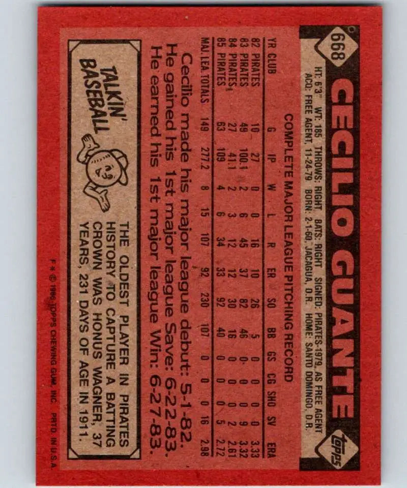 1986 Topps #668 Cecilio Guante EX Excellent Pittsburgh Pirates Baseball Card - Baseball Card Single