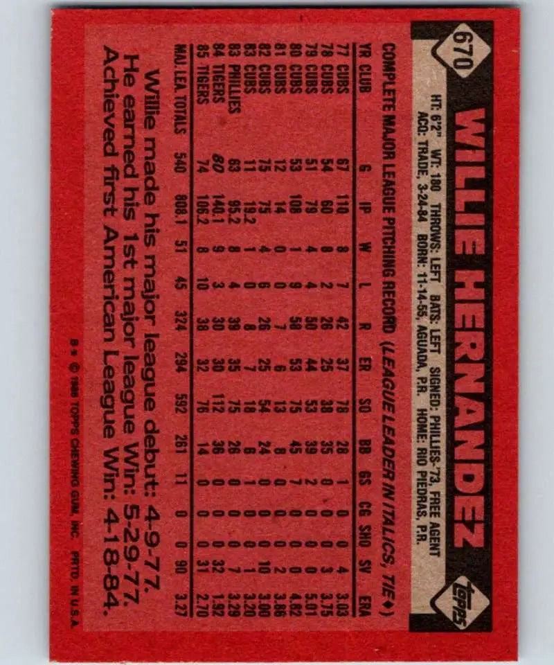 1986 Topps #670 Willie Hernandez EX Excellent Detroit Tigers Baseball Card - Baseball Card Single