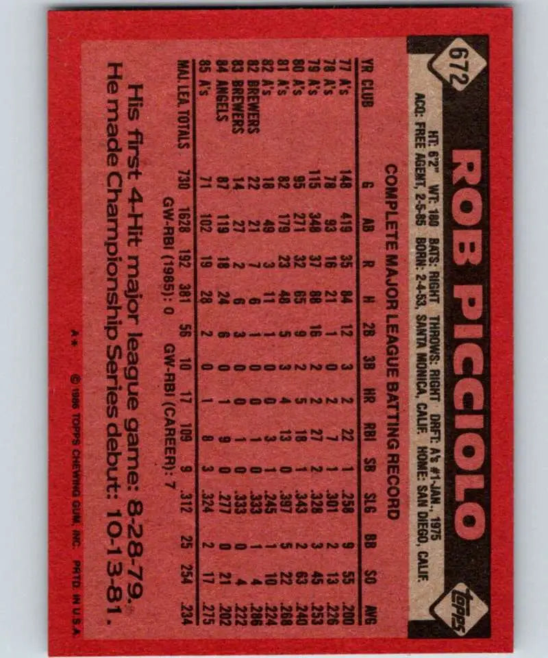 1986 Topps #672 Rob Picciolo EX Excellent Oakland Athletics Baseball Card - Baseball Card Single
