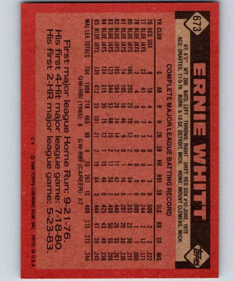 1986 Topps #673 Ernie Whitt EX Excellent Toronto Blue Jays Baseball Card - Baseball Card Single