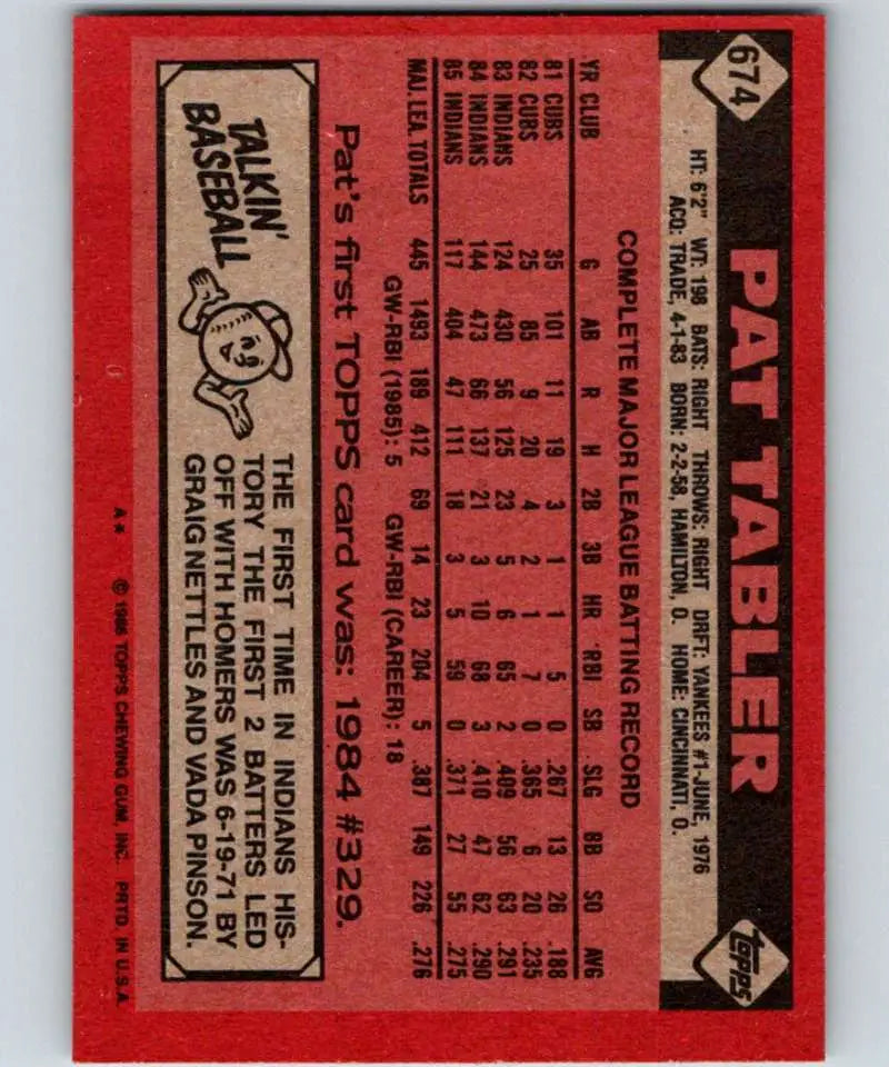 1986 Topps #674 Pat Tabler EX Excellent Cleveland Indians Baseball Card - Baseball Card Single