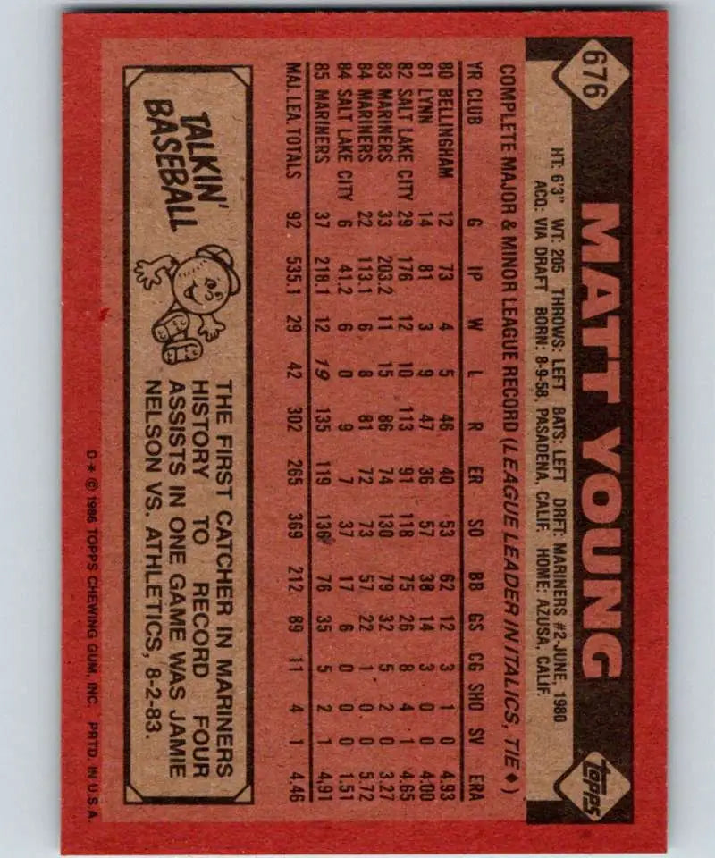 1986 Topps #676 Matt Young EX Excellent Seattle Mariners Baseball Card - Baseball Card Single