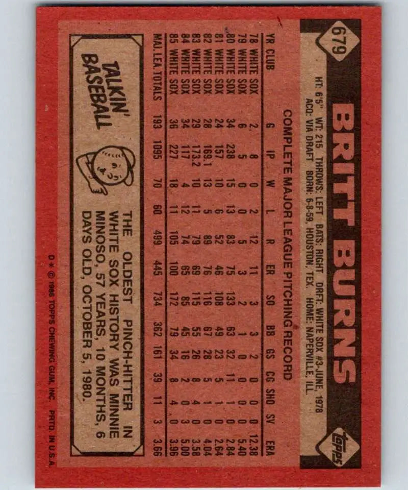 1986 Topps #679 Britt Burns EX Excellent Chicago White Sox Baseball Card - Baseball Card Single