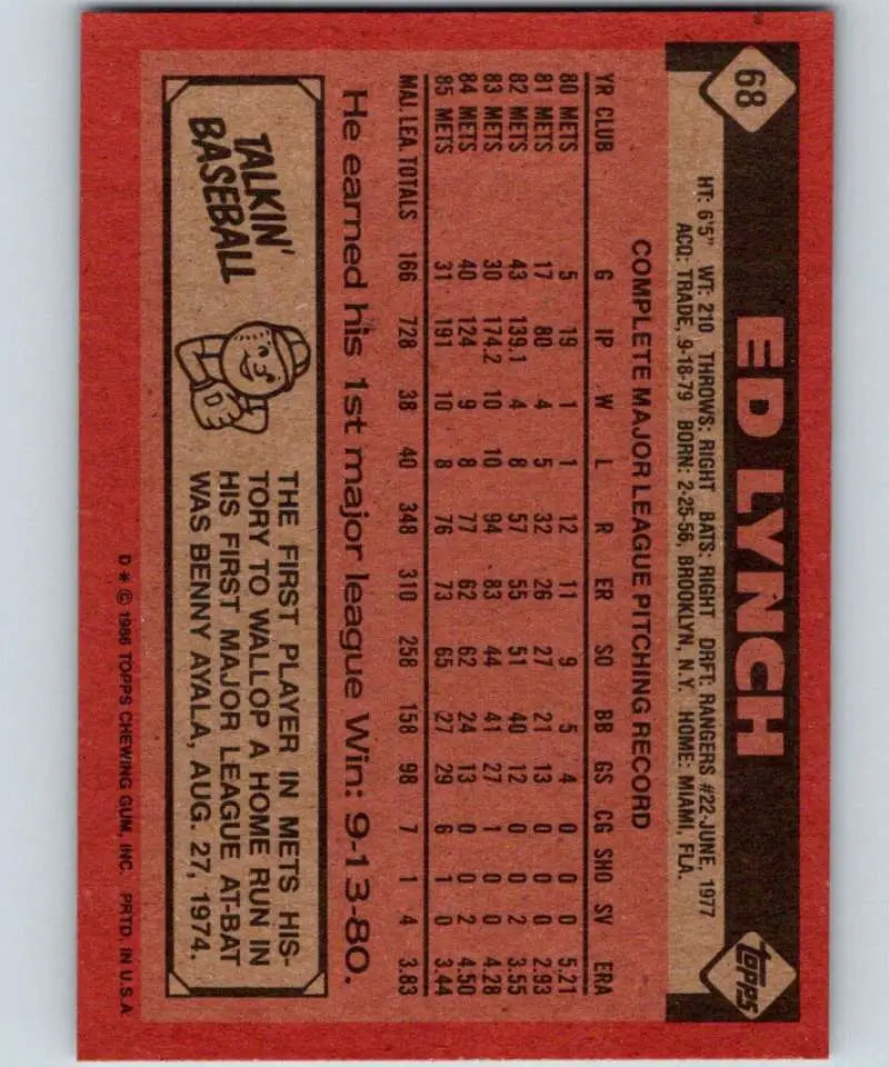 1986 Topps #68 Ed Lynch EX Excellent New York Mets Baseball Card - Baseball Card Single