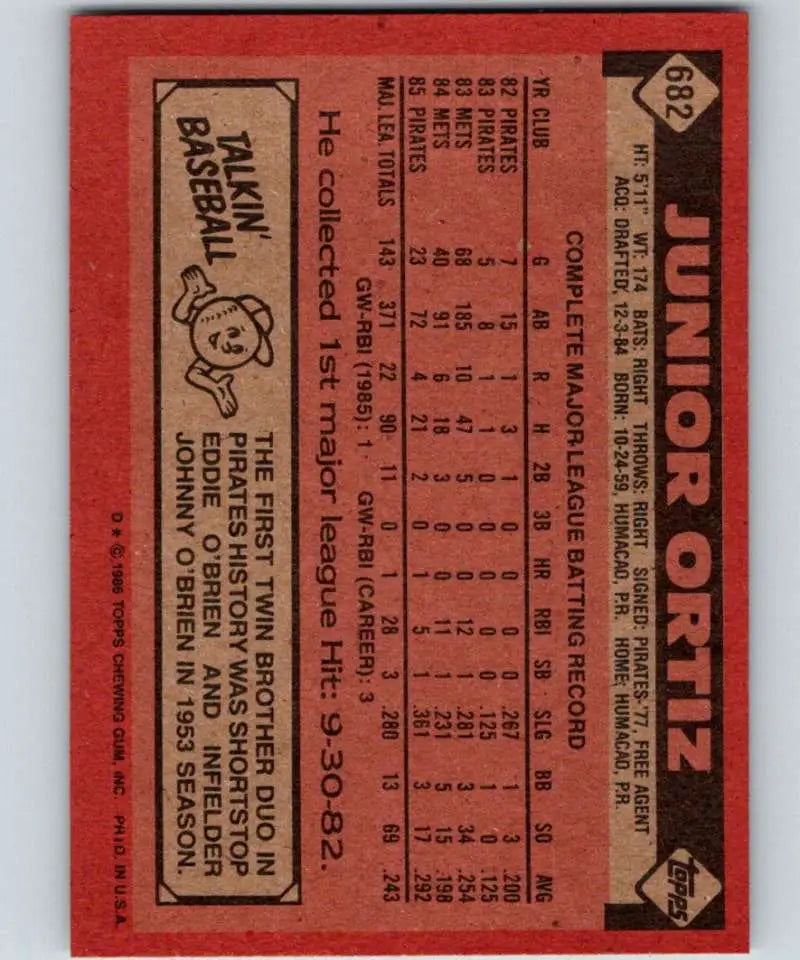 1986 Topps #682 Junior Ortiz EX Excellent Pittsburgh Pirates Baseball Card - Baseball Card Single