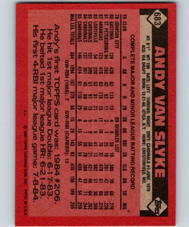 1986 Topps #683 Andy Van Slyke EX Excellent St. Louis Cardinals Baseball Card - Baseball Card Single