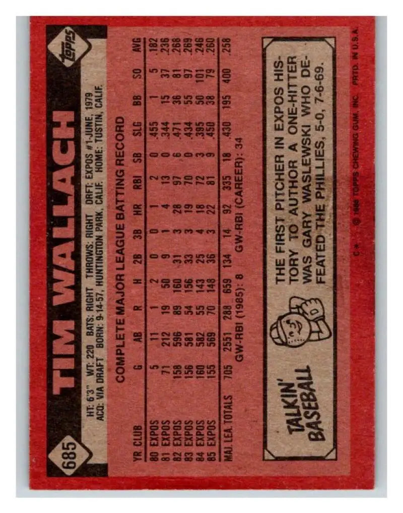 1986 Topps #685 Tim Wallach EX Excellent Montreal Expos Baseball Card - Baseball Card Single