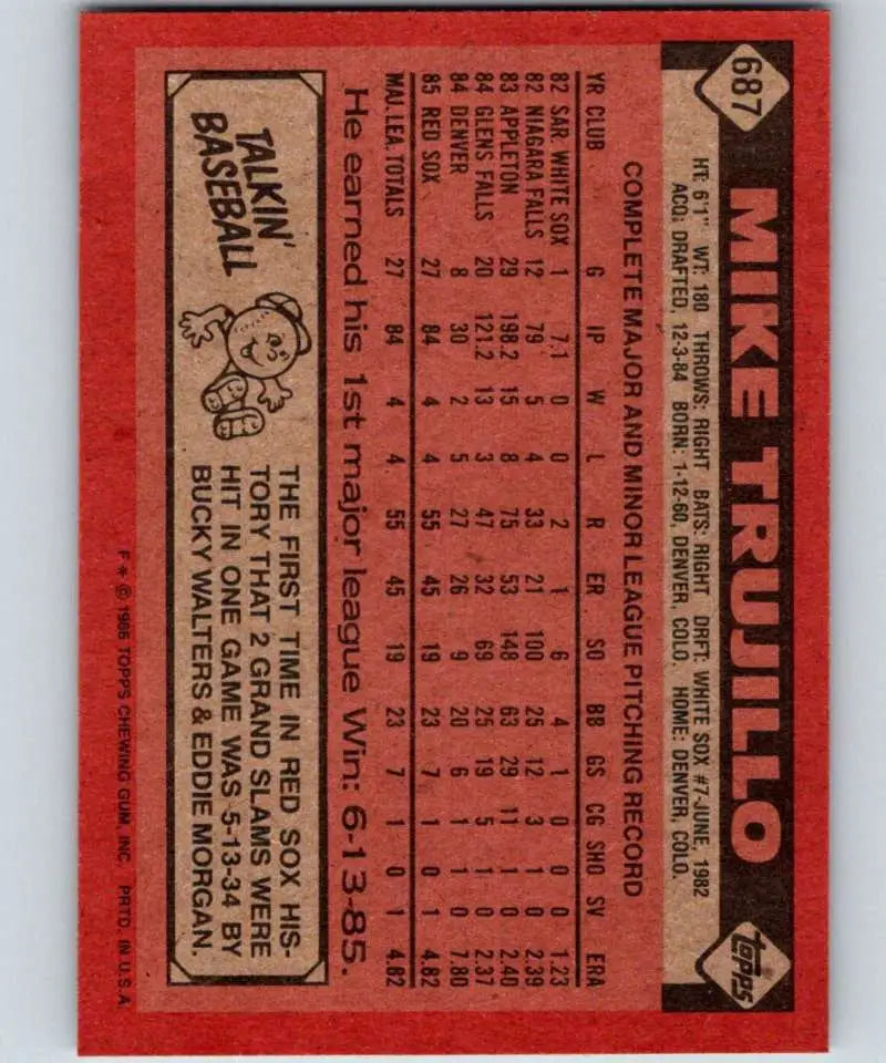 1986 Topps #687 Mike Trujillo EX Excellent Boston Red Sox Baseball Card - Baseball Card Single
