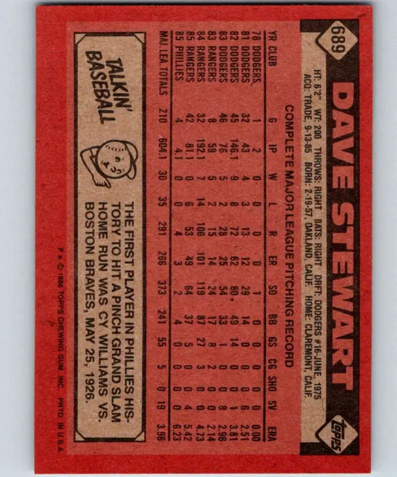 1986 Topps #689 Dave Stewart EX Excellent Philadelphia Phillies Baseball Card - Baseball Card Single