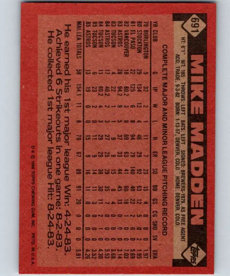 1986 Topps #691 Mike Madden EX Excellent Houston Astros Baseball Card - Baseball Card Single