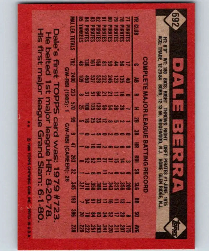 1986 Topps #692 Dale Berra EX Excellent New York Yankees Baseball Card - Baseball Card Single