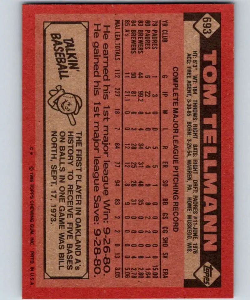 1986 Topps #693 Tom Tellmann EX Excellent Oakland Athletics Baseball Card - Baseball Card Single