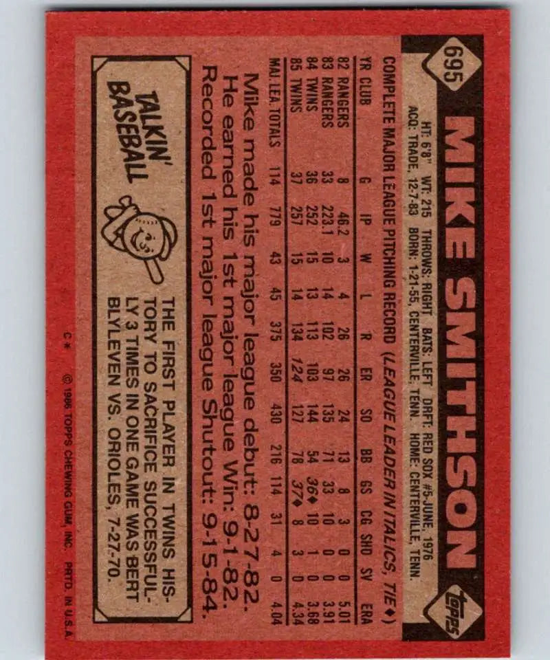 1986 Topps #695 Mike Smithson EX Excellent Minnesota Twins Baseball Card - Baseball Card Single