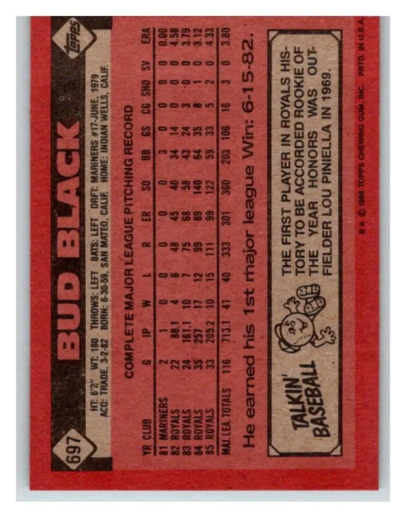 1986 Topps #697 Bud Black EX Excellent Kansas City Royals Baseball Card - Baseball Card Single