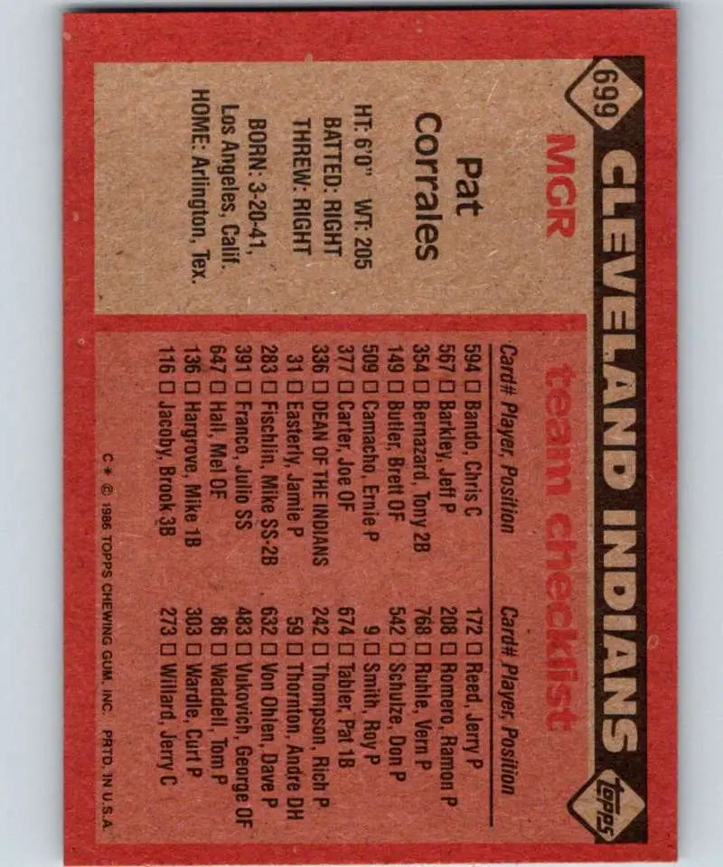 1986 Topps #699 Pat Corrales EX Excellent Cleveland Indians Baseball Card - Baseball Card Single