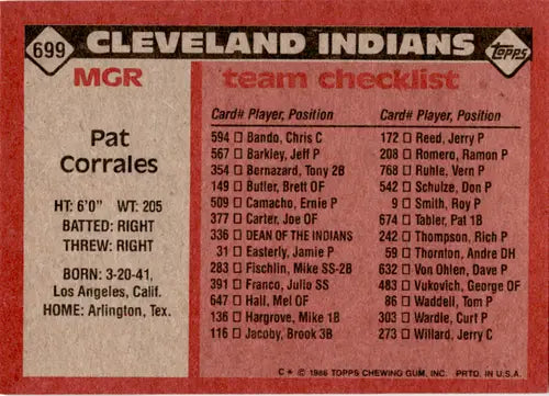 1986 Topps Pat Corrales baseball card back with original gloss featuring Simply Sandoval