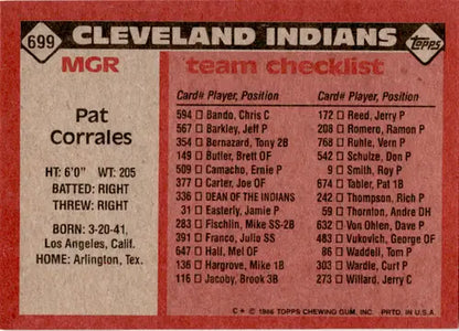 1986 Topps Pat Corrales baseball card back with original gloss featuring Simply Sandoval