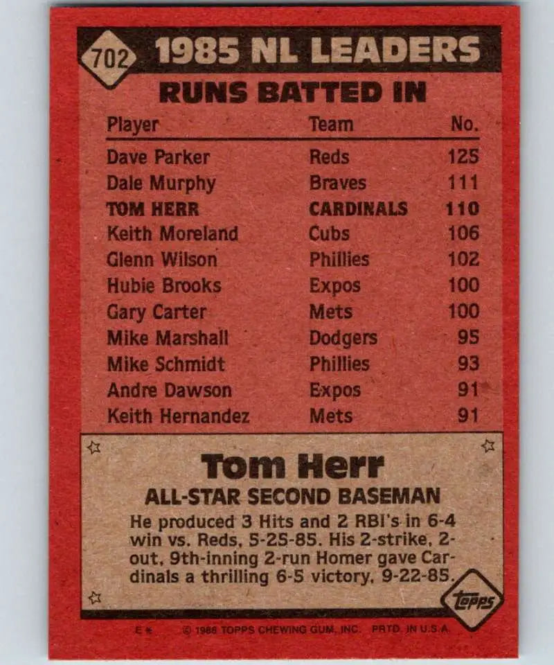 1986 Topps #702 Tom Herr EX Excellent St. Louis Cardinals Baseball Card - Baseball Card Single