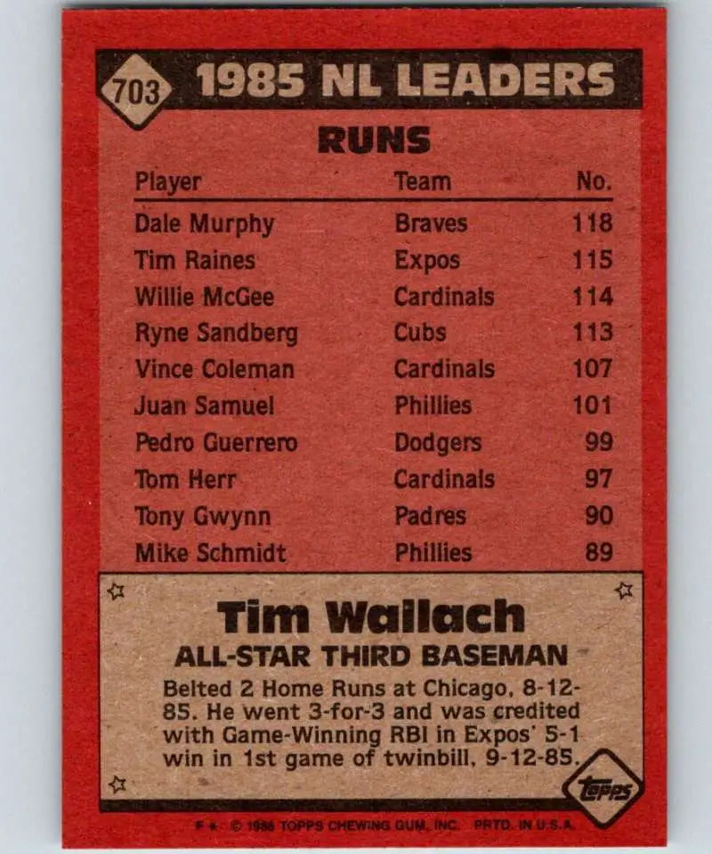 1986 Topps #703 Tim Wallach EX Excellent Montreal Expos Baseball Card - Baseball Card Single