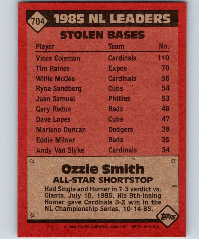 1986 Topps #704 Ozzie Smith EX Excellent St. Louis Cardinals Baseball Card - Baseball Card Single