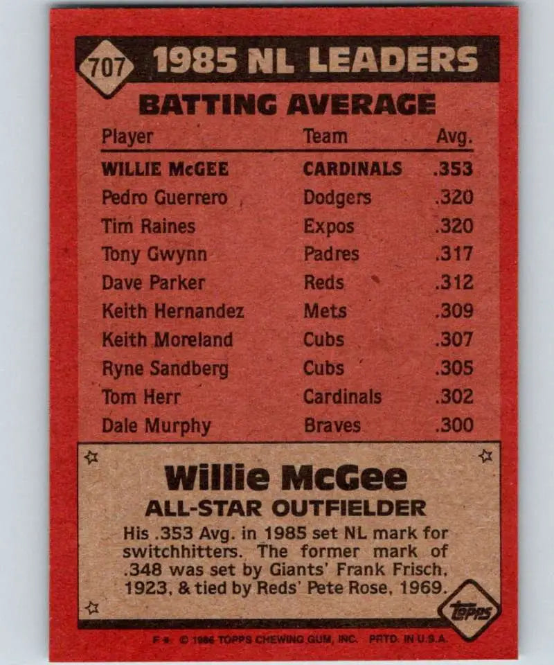 1986 Topps #707 Willie McGee EX Excellent St. Louis Cardinals Baseball Card - Baseball Card Single