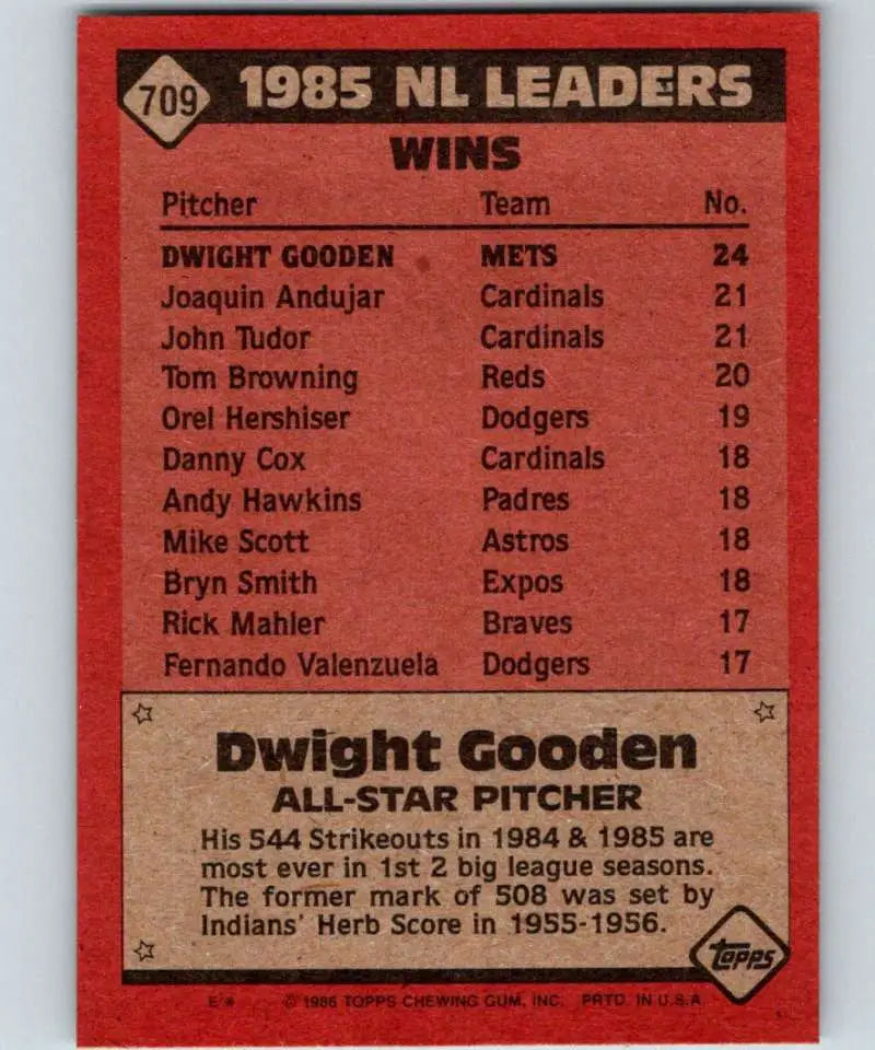 1986 Topps #709 Dwight Gooden EX Excellent New York Mets Baseball Card - Baseball Card Single