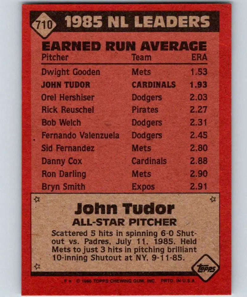 1986 Topps #710 John Tudor EX Excellent St. Louis Cardinals Baseball Card - Baseball Card Single