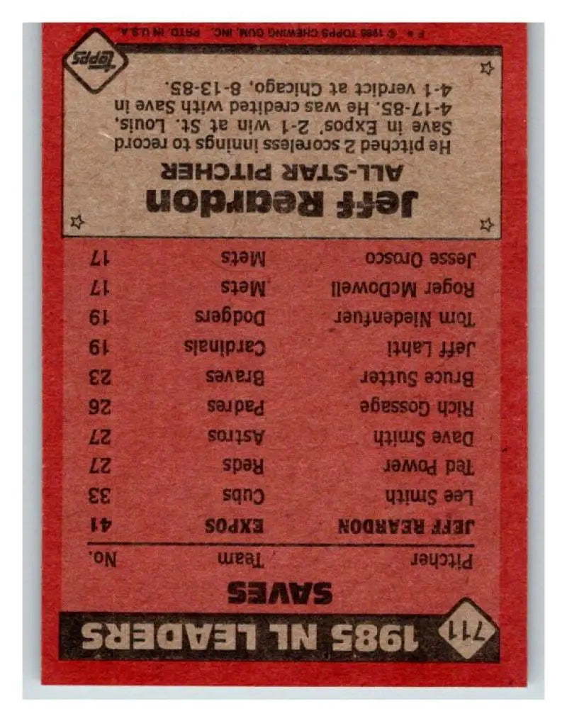 1986 Topps #711 Jeff Reardon EX Excellent Montreal Expos Baseball Card - Baseball Card Single