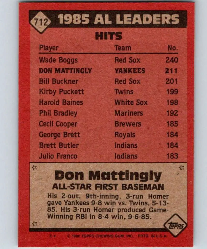 1986 Topps #712 Don Mattingly EX Excellent New York Yankees Baseball Card - Baseball Card Single