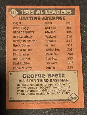 1985 baseball card back featuring George Brett from Topps George Brett series