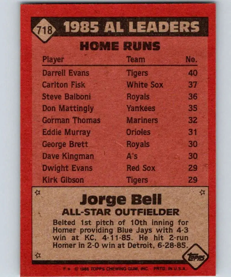 1986 Topps #718 Jorge Bell EX Excellent Toronto Blue Jays Baseball Card - Baseball Card Single