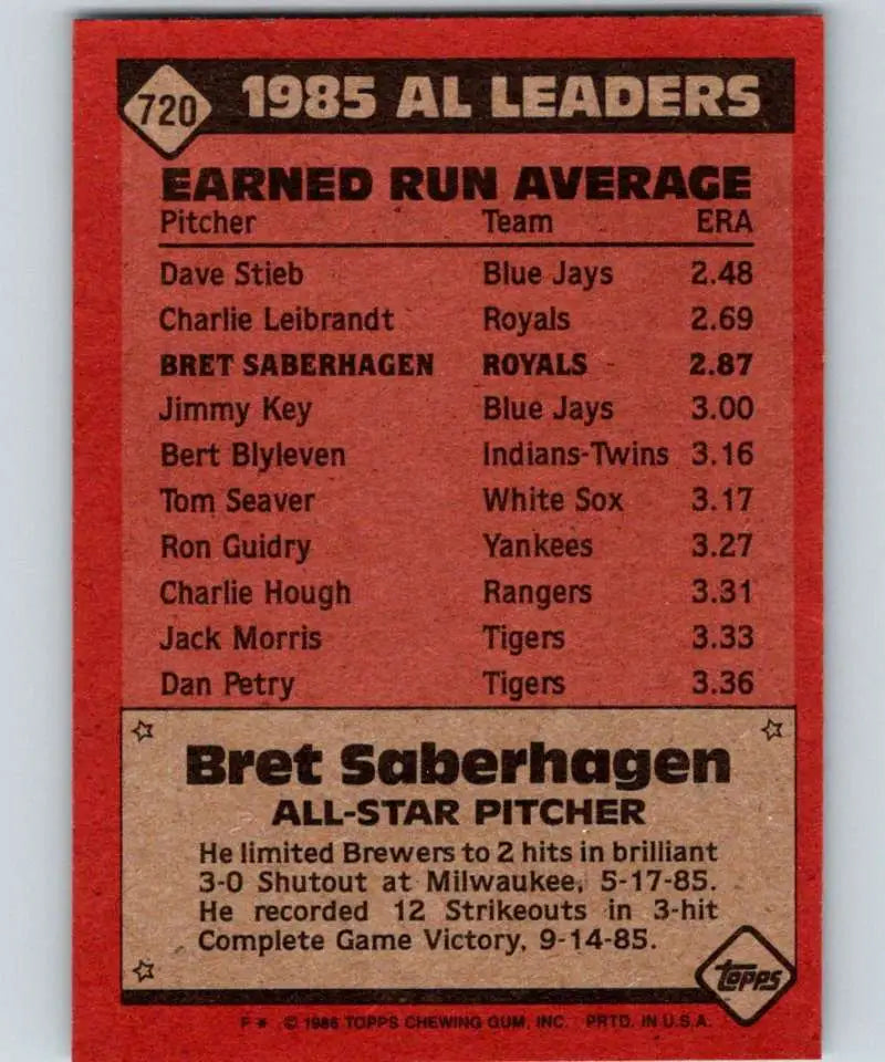 1986 Topps #720 Bret Saberhagen EX Excellent Kansas City Royals Baseball Card - Baseball Card Single