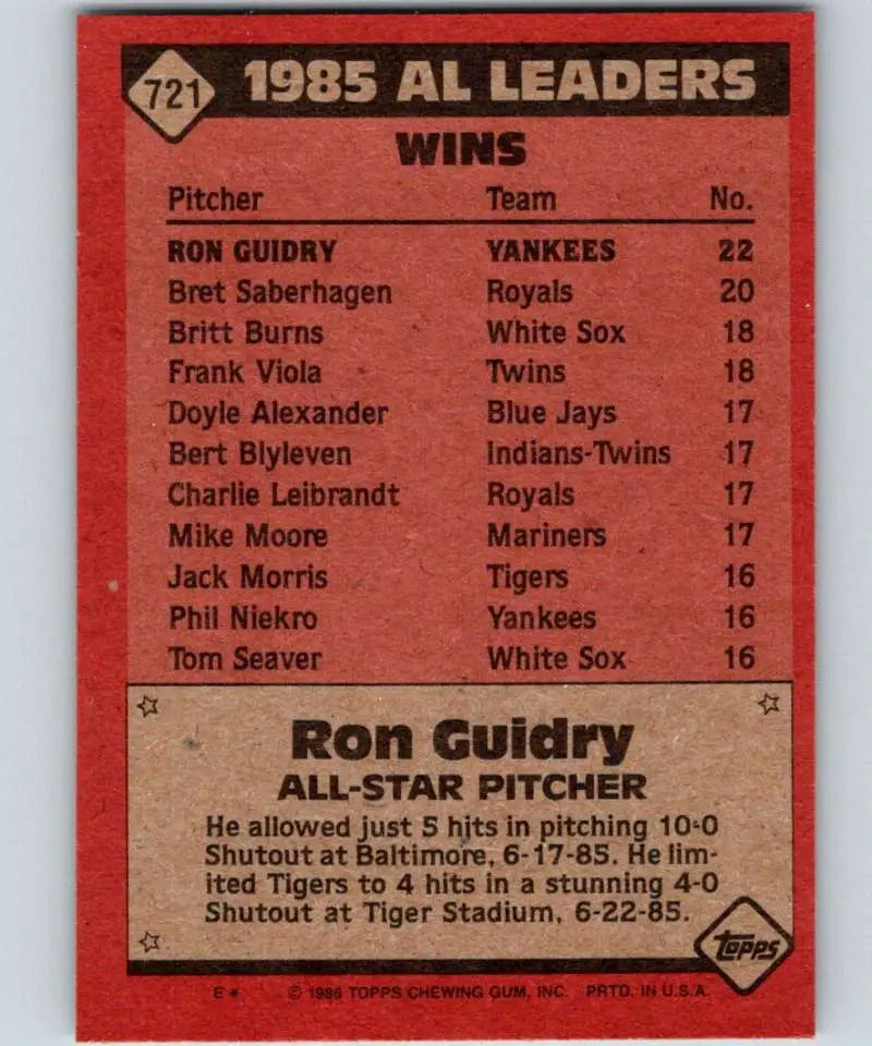 1986 Topps #721 Ron Guidry EX Excellent New York Yankees Baseball Card - Baseball Card Single