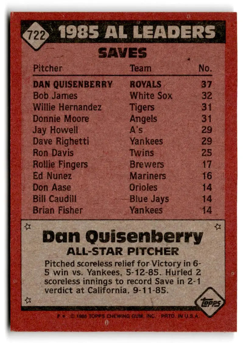 1986 Topps #722 Dan Quisenberry - Baseball Card Single