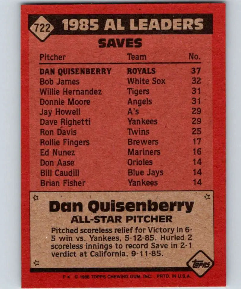 1986 Topps #722 Dan Quisenberry EX Excellent Kansas City Royals Baseball Card - Baseball Card Single