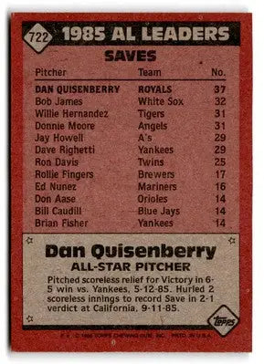 Back of 1986 Topps Dan Quisenberry baseball card with player stats Kansas City Royals