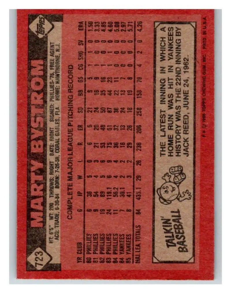 1986 Topps #723 Marty Bystrom EX Excellent New York Yankees Baseball Card - Baseball Card Single