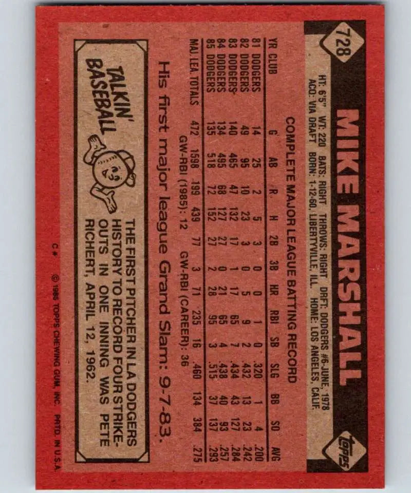 1986 Topps #728 Mike Marshall EX Excellent Los Angeles Dodgers Baseball Card - Baseball Card Single
