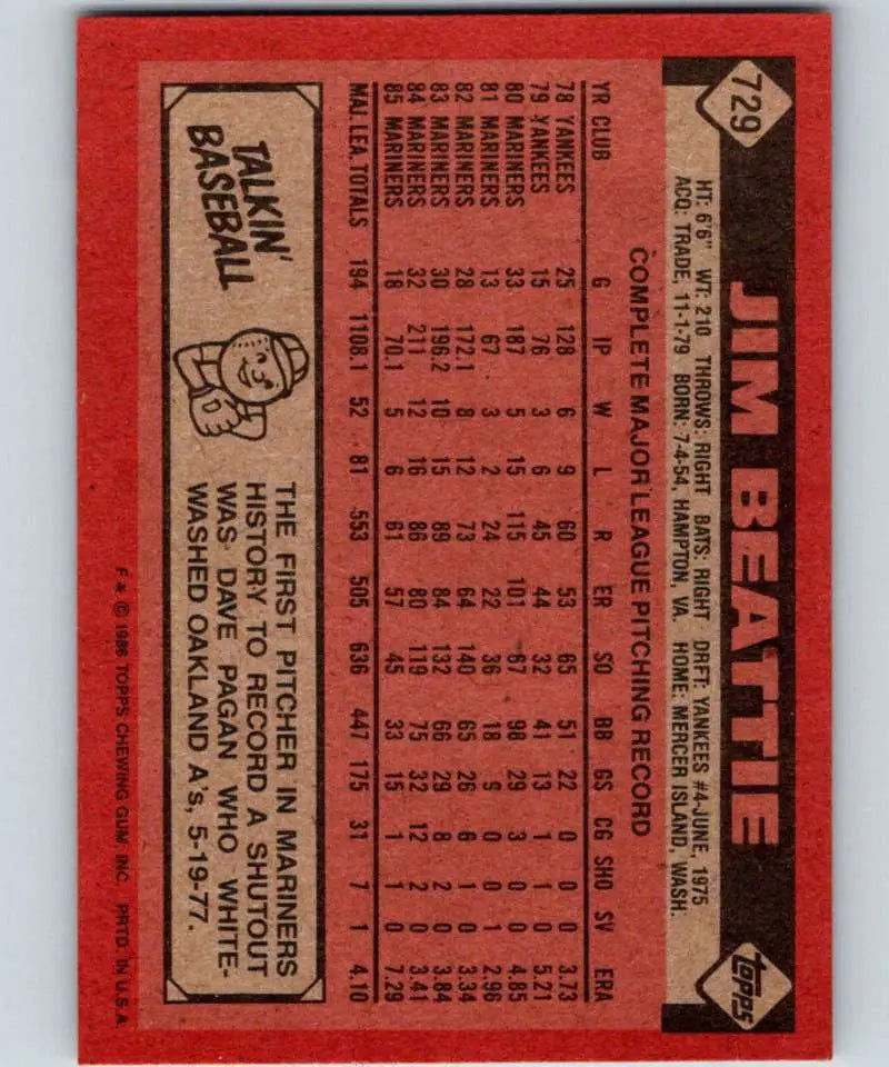 1986 Topps #729 Jim Beattie EX Excellent Seattle Mariners Baseball Card - Baseball Card Single