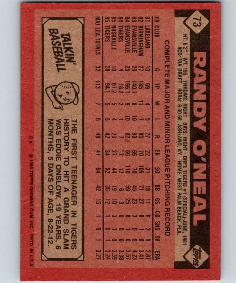 1986 Topps #73 Randy O’Neal EX Excellent Detroit Tigers Baseball Card - Baseball Card Single