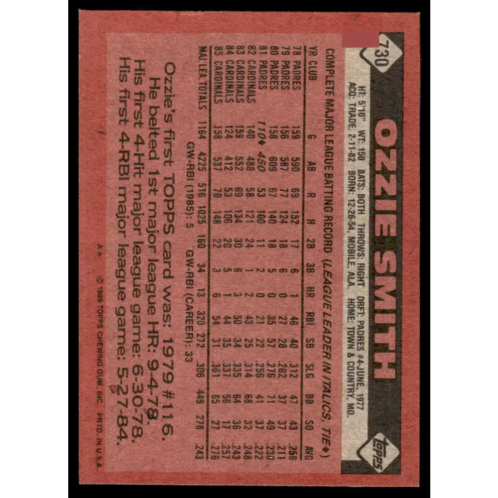 1986 Topps #730 Ozzie Smith EX/NM St. Louis Cardinals Baseball Card - Baseball Card Single