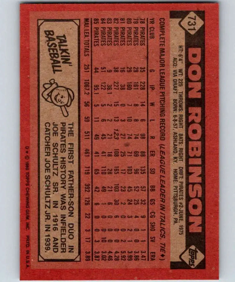 1986 Topps #731 Don Robinson EX Excellent Pittsburgh Pirates Baseball Card - Baseball Card Single