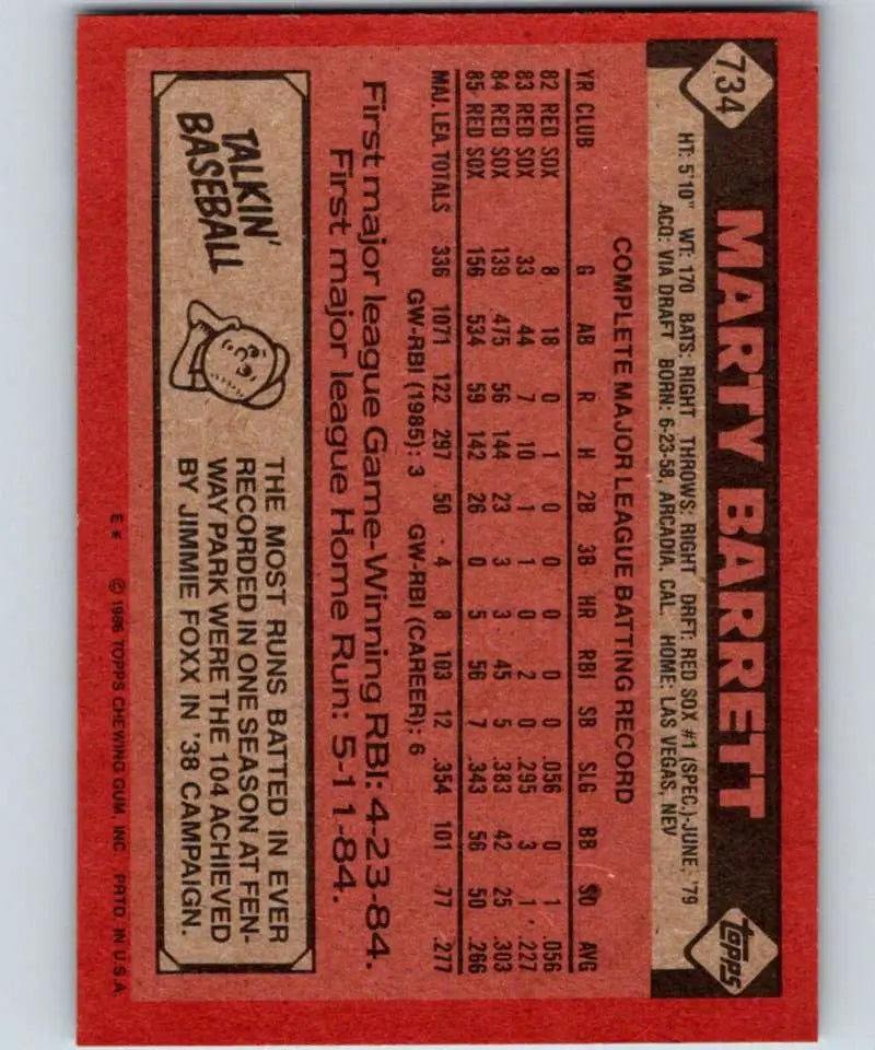 1986 Topps #734 Marty Barrett EX Excellent Boston Red Sox Baseball Card - Baseball Card Single