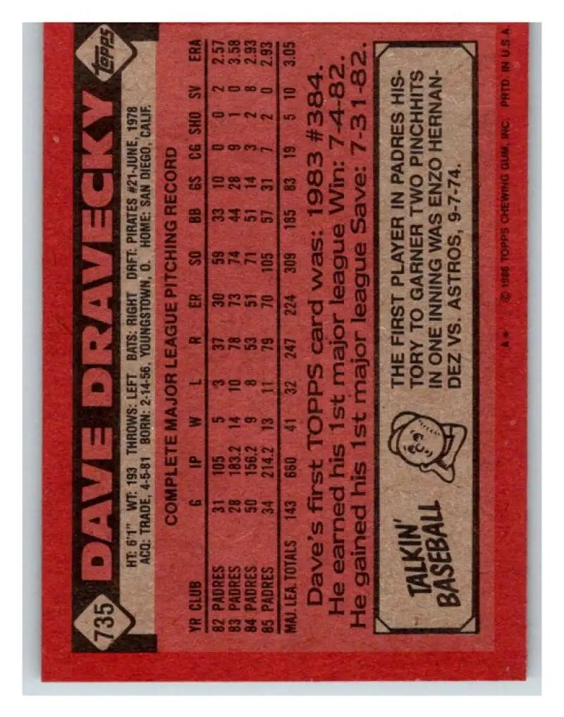 1986 Topps #735 Dave Dravecky EX Excellent San Diego Padres Baseball Card - Baseball Card Single