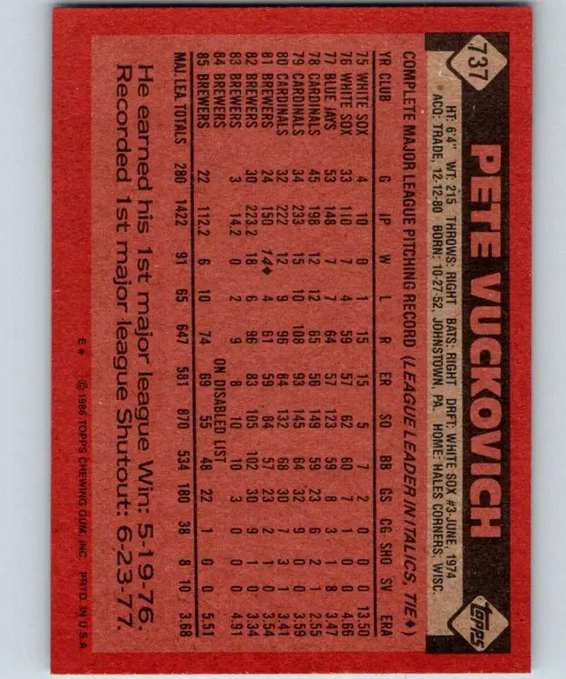 1986 Topps #737 Pete Vuckovich EX Excellent Milwaukee Brewers Baseball Card - Baseball Card Single